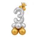 Kit de colonne de ballon aluminium chiffre 3 anniversaire avec couronne dorée fête. - Colonne chiffre 3 argentée 32 pouces