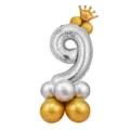 Ballon aluminium chiffre 9 argenté avec couronne et socle de ballons pour anniversaire. - Colonne de ballons chiffre 9 argenté 32 pouces