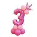 Ballon aluminium chiffre 3 rose avec couronne et base pour décoration de fête d'anniversaire. - Colonne de ballons chiffre 3 rose imprimé de 32 pouces