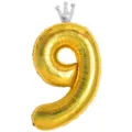 Ballon en aluminium chiffre 9 doré variante avec couronne pour fête d'anniversaire. - Nombre 9 (Couronne Jointe) / 40 Pouces / Or