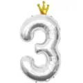 Grand ballon aluminium chiffre 3 argente avec petite couronne pour fete d'anniversaire. - Nombre 3 (Couronne Jointe) / 40 Pouces / Argent