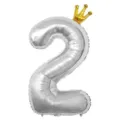 Ballon en aluminium chiffre 2 argenté avec couronne dorée pour fête d'anniversaire. - Nombre 2 (Couronne Jointe) / 40 Pouces / Argent