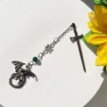Vintage metal dragon sword bookmark with chain and green bead for readers and book lovers. - Antique Bronze