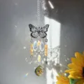 Butterfly crystal suncatcher pendant, silver metal hanging decor with yellow crystals. - Yellow