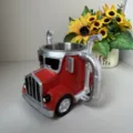 Detailed view of the creative truck coffee mug, showing the stainless steel inner core and exhaust handle. - Red