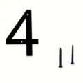 Detailed shot of modern black metal house number 4 with black mounting screws. - 4