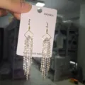 Elegant long rhinestone tassel earrings with geometric design, stunning silver needle drop earrings. - Rhombus Ear Hook