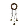 Detail view of bohemian rattan wreath wall hanging with brass bells and glass bottles. - Rattan Wreath Moon