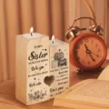 Wooden sister candle holder detail showing heartfelt engraved text and warm candlelight setting. - Sister Candle Holder