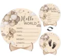 Hölzernes Baby Meilenstein Schild Hello World Geburtsanzeige mit Bären Motiv und Details. - Stil 2