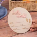 Wooden newborn baby announcement milestone plaque featuring hello world sign and custom fields. - 15cm / Pink