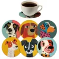 Close-up view of the cute polka dot dog wooden cup coasters set for hot and cold drinks. - 10x10cm (6 Pcs) / Wood