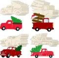 Découpes de camion en bois rouge non finis avec des sapins de Noël pour décoration de fête. - Formes de camions de Noël 32 pièces