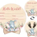 Wooden baby birth milestone plaque elephant design newborn photo prop keepsake gift round sign - 5.9x5.9cm (Round Plate + Stand) / Pink Elephant Style