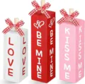 Valentine Day wooden block table sign tier tray decor set with red plaid bows and cute text. - Character Style / 5*5*10, 5.5*5.5*12, 6*6*15