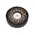 Wooden tealight candle holder with carved mandala pattern, black and natural wood finish, chic home decor. - Mandala Flower