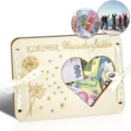 Wooden money gift box with heart cutout dandelion engraving and ribbons for wedding travel fund. - Heart Style / 20*15cm