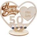 Soporte de madera para regalo de cumpleaños en forma de corazón con número 50 y dinero. - 50