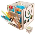 Wooden yarn storage box with knitting needle holder and crochet hook organizer caddy. - Yarn Storage Box / Natural Wood Color