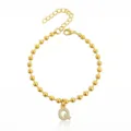 Bracciale di perline in acciaio inossidabile dorato con ciondolo lettera Q strass donna - Braccialetto a Sfere Iniziale Q con Strass / Argento