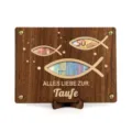 Placca regalo in denaro di legno per battesimo con dettagli di pesci e incisione per bambini. - 20*15cm / Marrone scuro