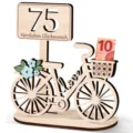 Soporte regalo dinero bicicleta 75 cumpleaños de madera con flores y cesta para dinero - 75 Cumpleaños