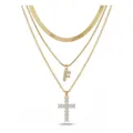 Collier superposé doré à 3 rangs avec chaîne à épi, lettre F et pendentifs croix. - Lettre F
