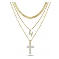 Collier doré multicouche élégant avec chaîne à arête de poisson, lettre H et croix en cristal. - Lettre H