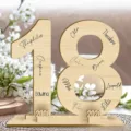 Detailed view of personalized wooden number 18 ornament with custom engraved names and years. - 18