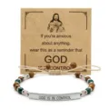 Bracelet de perles en pierre naturelle avec barre en acier inoxydable gravée et carte. - Tube Courbé GOD Pierre Naturelle Perlé / Argent