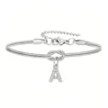 Bracciale a catena serpente in argento con pendente lettera A in strass e nodo per donne eleganti. - Strass Lettera A Nodo Serpente Bracciale Argento