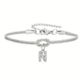 Bracciale in acciaio inossidabile argentato con ciondolo a forma di lettera iniziale N in strass. - Strass Lettera N Nodo Serpente Bracciale Argento