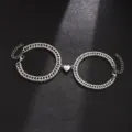 Stainless steel magnetic heart Cuban chain bracelet pair close up view detailed shot. - Heart Magnet Thick Chain Bracelet / 1 Pair/Pack / Silver