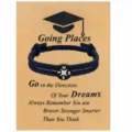 Bracciale intrecciato con bussola di laurea su carta, corda nera regalo vista principale. - Corda a Mano Bussola Bianca / Con Biglietto di Graduazione / Blu navy