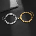 Stainless steel magnetic couple Cuban chain bracelets set in silver and gold colors for lovers. - Heart Magnet Thick Chain Bracelet / 1 Pair/Pack / Two-tone Gold Silver