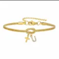 Elegante Bracciale a catena serpente oro con croce e ciondolo lettera U strass gioielli - Bracciale Nodo Concentrico Croce Strass Stile U / Oro