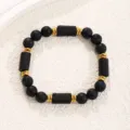 Natural stone beaded bracelet with black volcanic stones and gold metal accents for women men - Tourmaline Volcanic Rock Bracelet