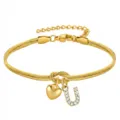 Bracciale catena serpente dorato con cuore e ciondolo lettera U in strass per donna - Cuore Strass U Oro