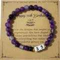 Pulsera elástica de cuentas de amatista natural con el número 35 para regalo de cumpleaños - Pulsera de Cuentas de Amatista Número de Cumpleaños 35 / Con Tarjeta