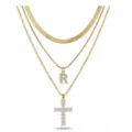 COLLIER superposé doré à trois rangs avec chaîne serpent, lettre R en strass et pendentif croix. - Lettre R