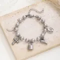 Roestvrijstalen bedelarmband met kruis en hart hanger in vintage retro stijl voor dames. - Eén Stuk Multi-Element Hanger Roestvrij Stalen Armband / Zilver
