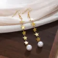 Orecchini pendenti lunghi a stella dorata con perle bianche per donna alla moda. - Solo Orecchini (1 Paio) / Oro 18K / Oro