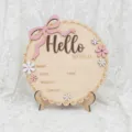 Wooden baby birth announcement plaque with cute bow, perfect newborn photography photo prop. - Pink + Beige