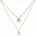 Collana a doppio strato in oro con ciondolo a fiocco e lettera B con strass lucido. - Stile a Doppio Strato con Lettera Iniziale B e Fiocco / Oro