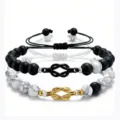 Couple bracelet set featuring matte black beads and white turquoise with love knot charms. - Concentric Knot / 1 Pair/Pack / Black Gold Accessories