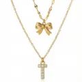 Collana multistrato dorata con un ciondolo a fiocco chic e un ciondolo con lettera T brillante. - Set da 2 pezzi - Stile Fiocco Lettera T / Oro