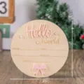 Targa annuncio nascita in legno, placca pietra miliare neonato hello world con fiocco. - 15 cm x 15 cm / Fiocco Rosa