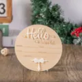 Segnale annuncio nascita neonato in legno hello world pietra miliare foto regalo bimbo - 15 cm x 15 cm / Cravatta beige