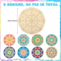 Tranches de bois mandala inachevées kit de peinture DIY, 8 motifs 40 pcs, rond en bois de 10cm. - Groupe 4 (paquet unique)