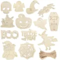 Halloween unfinished wooden cutouts DIY hollow hanging ornaments crafts set with twine rope. - Unfinished Ghost Witch Set / 26 Pieces/Pack